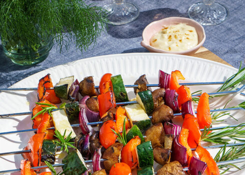 grilled vegetable skewers with cheddar cheese dip