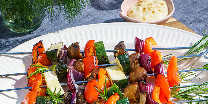 grilled vegetable skewers with cheddar cheese dip