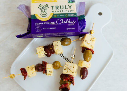 marinated cheese squares on skewers