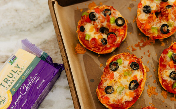 tray full of pizza bagels made with TFF cheese