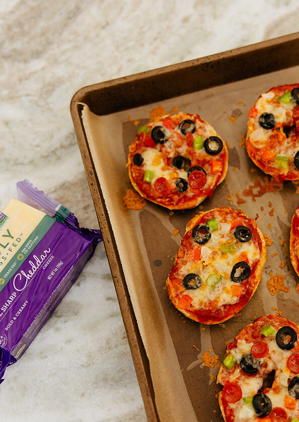 tray full of pizza bagels made with TFF cheese