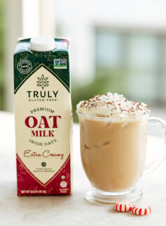 oat milk with mug of iced mocha