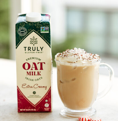 oat milk with mug of iced mocha