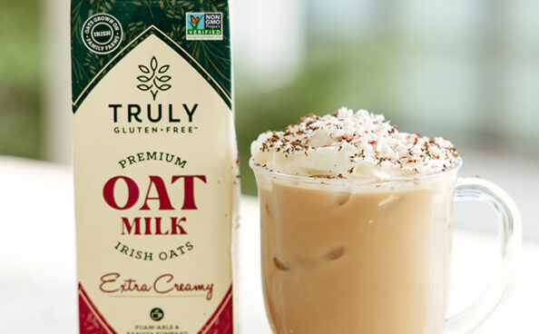 oat milk with mug of iced mocha