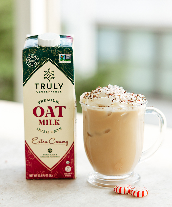 oat milk with mug of iced mocha