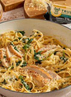 creamy chicken and alfredo chicken pasta dish