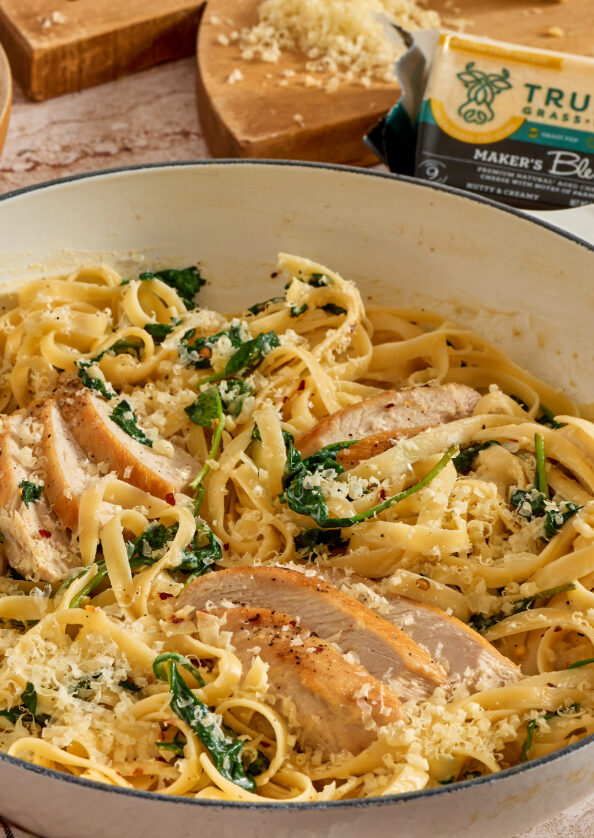 creamy chicken and alfredo chicken pasta dish
